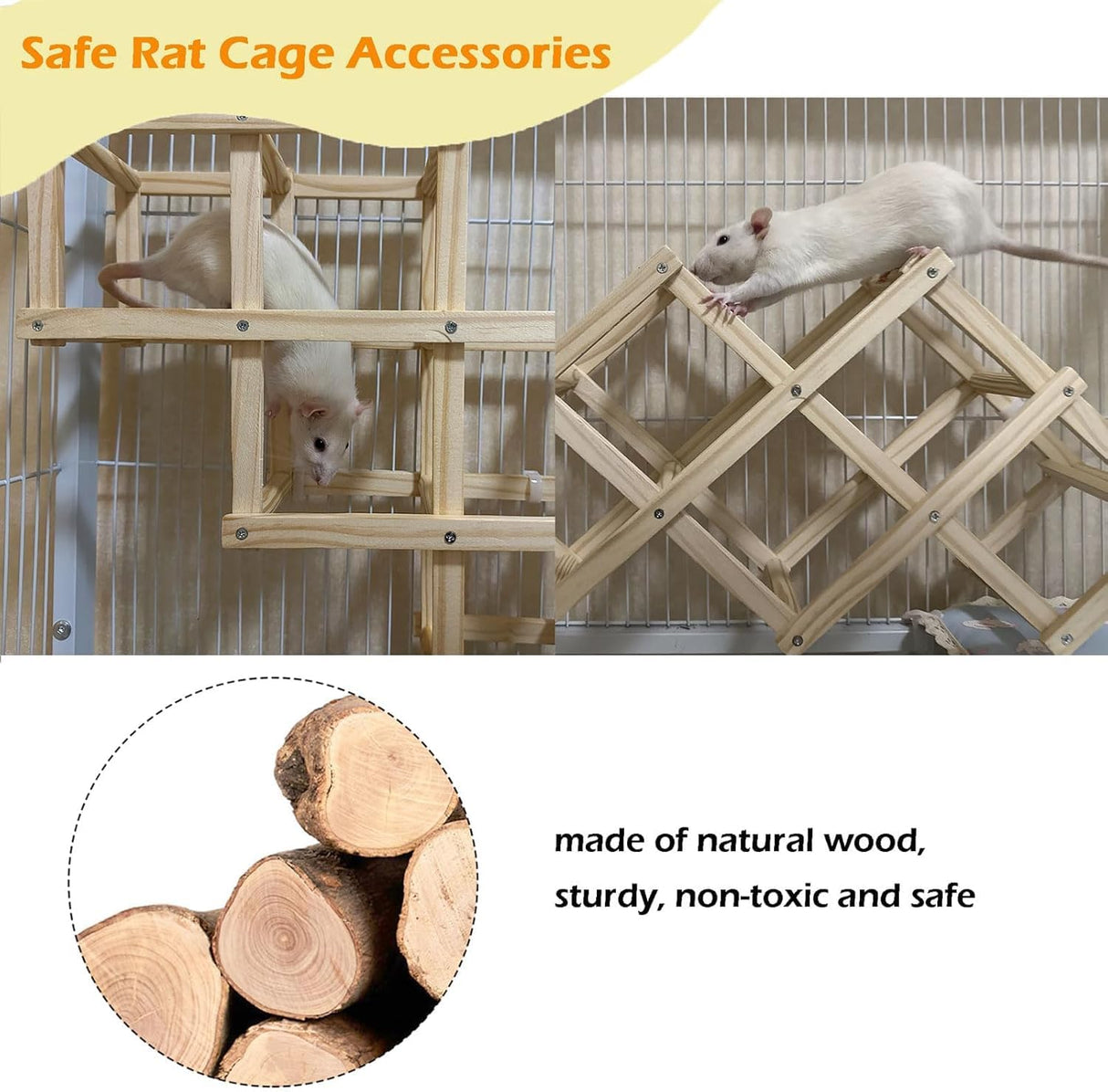 Jevnd Wooden Rat Climbing Toys, Natural Pet Rat Cage Accessories Climbing Ladder, Fancy Rats Enrichment Toy Activities, Hanging Rodent Toys for Pet Rats in Cage Playing Chewing (M, 1pc)