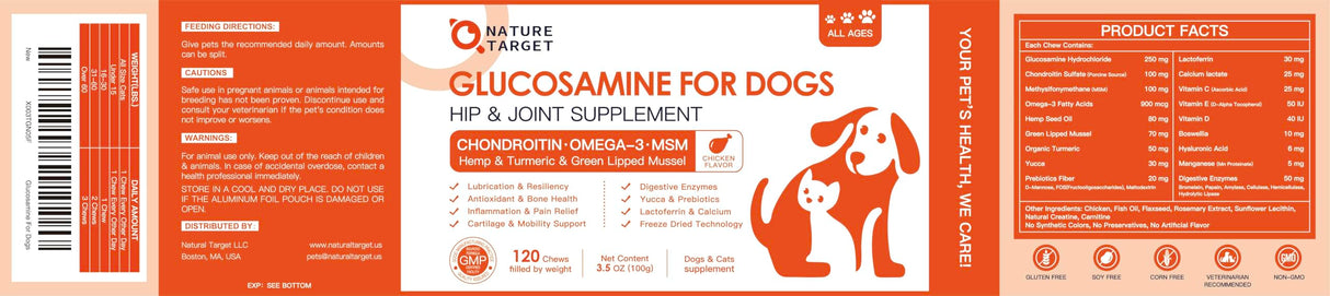 NATURE TARGET Glucosamine Joint Supplement for Dogs, Chondroitin, Omega-3, MSM, Hemp, Turmeric for Pain Relief, Dog Joint Supplement with Calcium for Bone Health, 120 Chicken Flavored Crunchy Chews