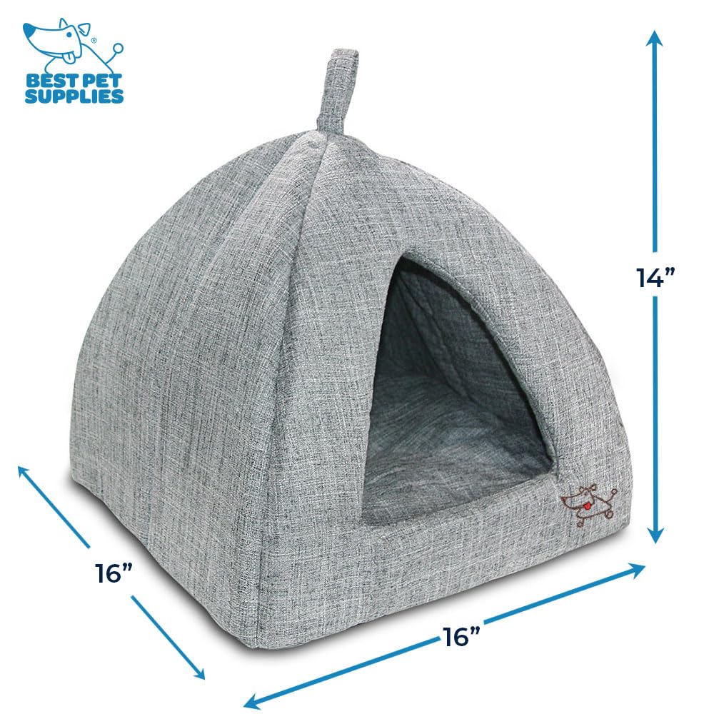 Best Pet Supplies Cat Bed for Indoor Cat, Domed Tent House with Removable Pillow, Covered Cat Cave for Small Dog, Puppies and All Breeds of Cats - Gray Linen, 16 x 16 x H:14"