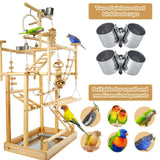 LIMIO Bird Playground - Natural Wood Parrot Playstand with Perches, Bird Play Gym & Accessories, Removable Tray & 4 Stainless Steel Cups