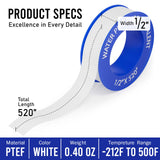 D-NYX 1, 4 or 5 Rolls 1/2 Inch(W) X 520 Inches(L) Teflon Plumbers Tape, Duct Sealant Tape for Shower Head, Plumbing Thread Tap, Water Pipe Sealing Plumbers PTFE Thread Seal (1 Pack)
