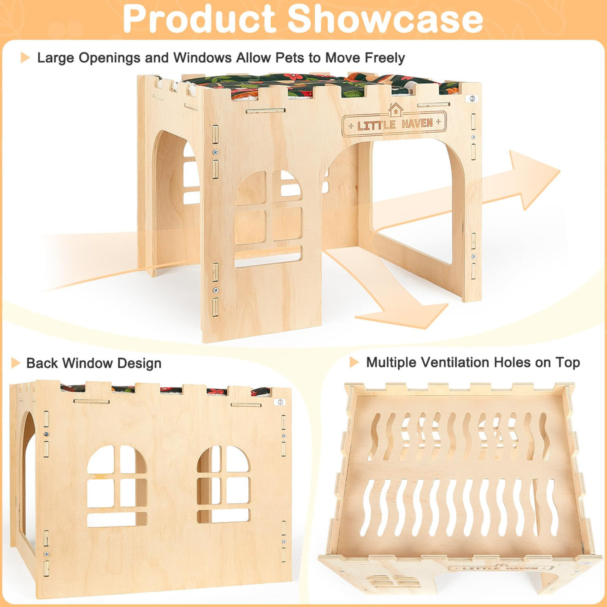 Glittme Wooden Rabbit Castle Hideout - Large Indoor Bunny House & Guinea Pig Hut with Roof Platform Bed Enrichment Cage Accessories for Chinchilla Ferret (Mat Included)