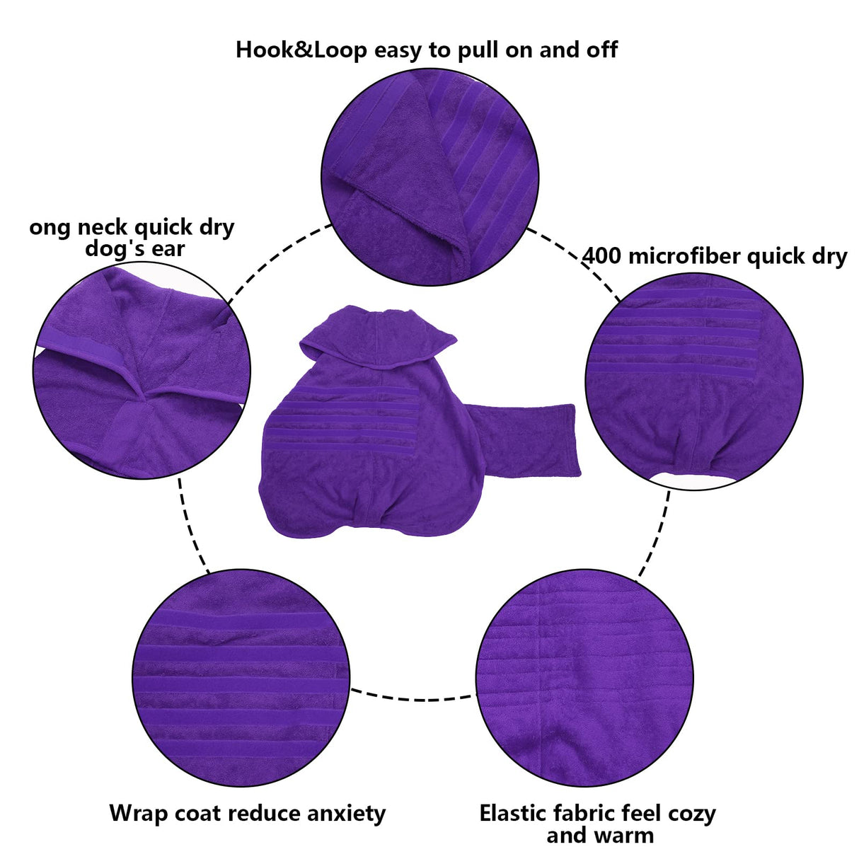 Dog Bathrobe Dog Robes for After Bath Shower Swimming Dog Drying Towel Super Absorbent fit for Small Medium Large Breeds - Purple - XL