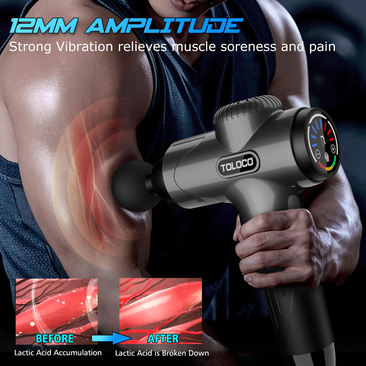 TOLOCO Massage Gun, Muscle Massage Gun Deep Tissue, Percussion Massage Gun with 9 Replacement Heads, Super Quiet Portable Electric Massager for Athletes, Treatment, Relax, Grey