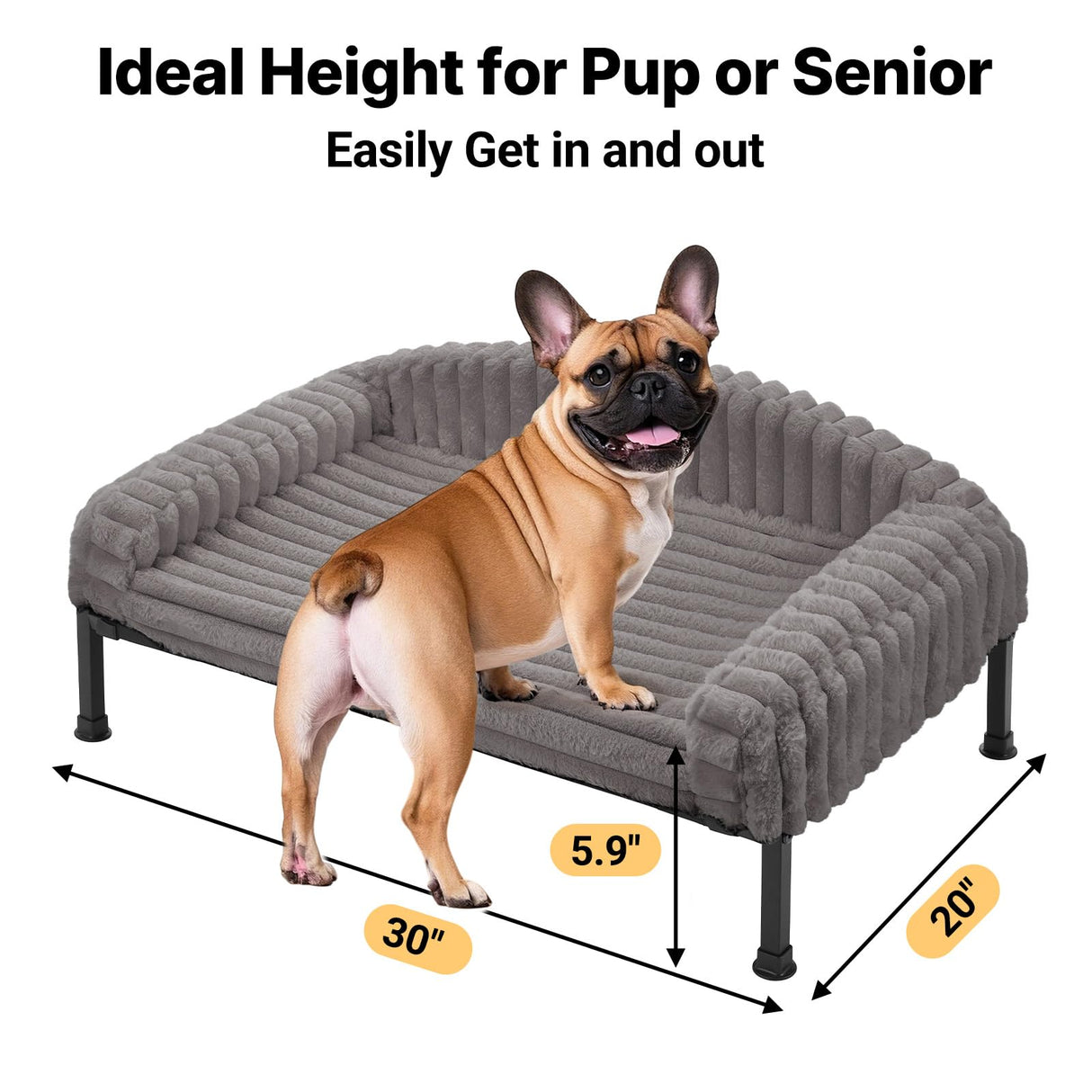 Veehoo Elevated Dog Bed with Bolster Cushion, Fluffy Plush Dog Couch Beds for Small Dogs, Cats, Washable Raised Pet Cot with Non-Slip Feet for Indoor or Patios Use, 30 x 20 Inches, Grey