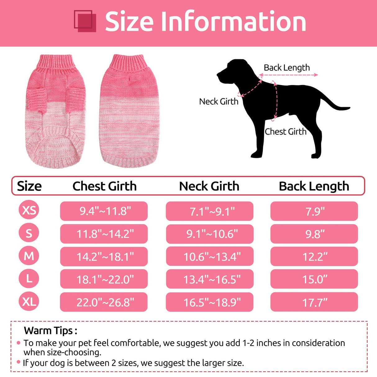Queenmore Knitted Pullover Dog Sweater, Turtleneck Pet Cat Sweater, Cold Weather Puppy Clothes Stitching Knitwear with Leash Hole for Small Medium Dogs（Pink,XS）