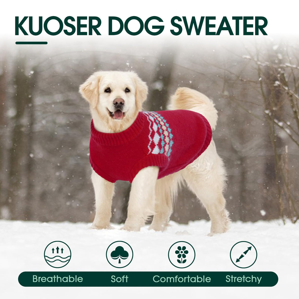 Kuoser Dog Sweater, Dog Sweaters for Large Size Dogs, Boy Girl Dogs Christmas Sweater, Pet Sweatshirt Outfits for Male Female, Warm Big Doggie Pullover Knitwear Clothes for Fall Winter, Red L