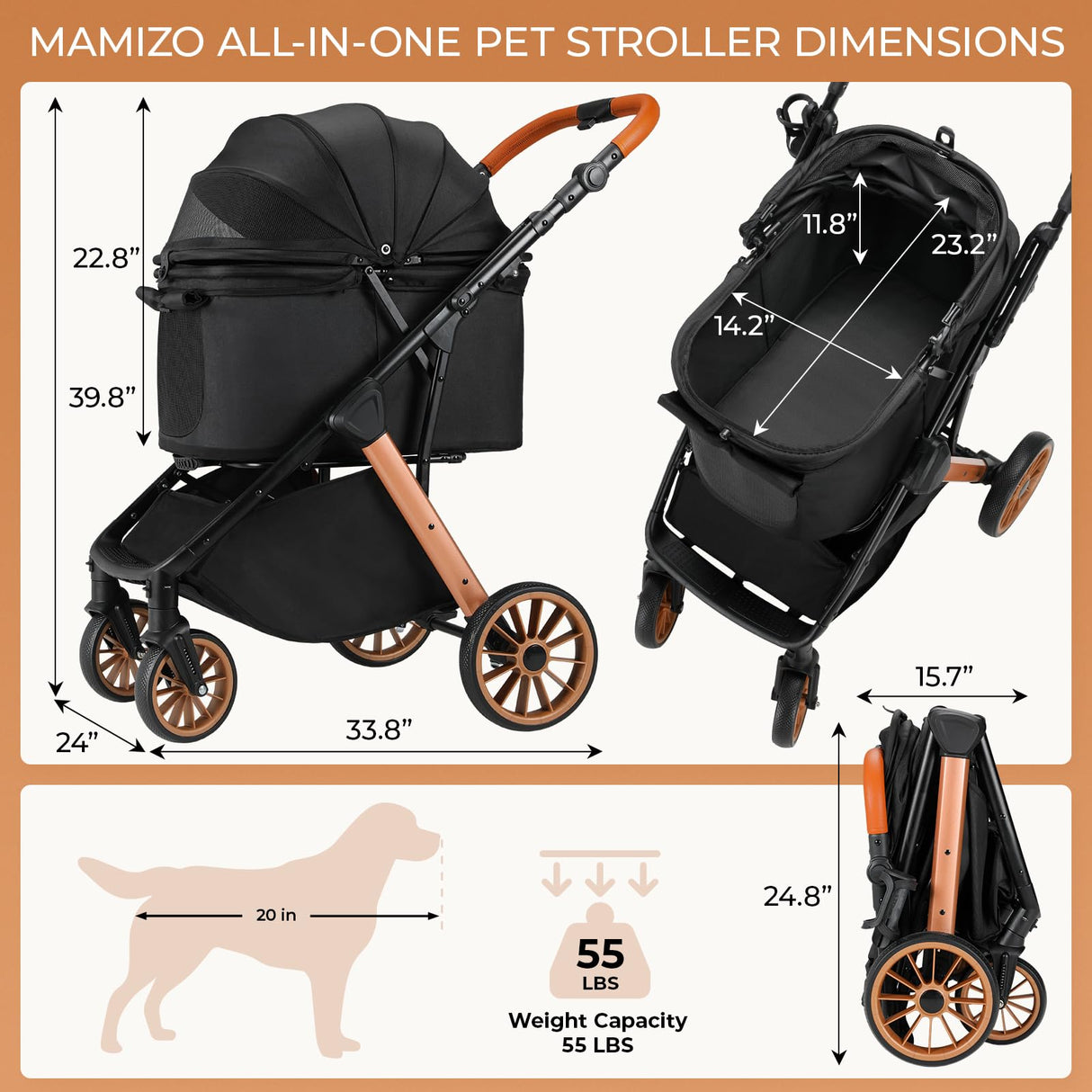 MAMIZO Pet Stroller for Medium Dogs Cats Up to 55 lbs, All-Terrain 3-in-1 Dog Stroller with Detachable Carrier, Rubber Wheels, One-Click Folding, Storage Basket & Cup Holder, for Senior Dogs & Cats
