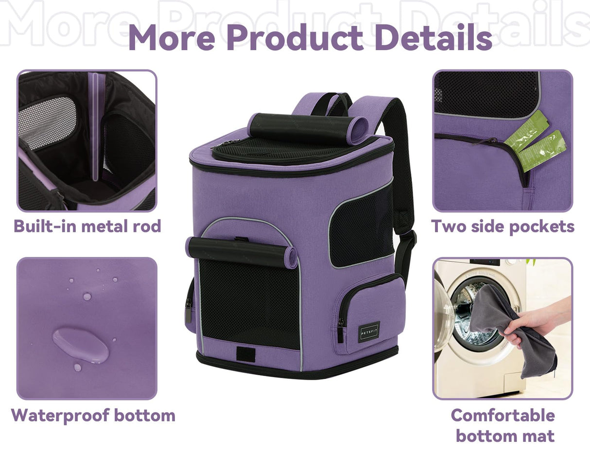 PETSFIT Dog Backpack Carrier with Upgraded Waist Protection, Pet Carrier Backpack Designed for Small Dogs/Cats, Fully Ventilated Collapsible Cat Backpack for Outdoor Traveling Hiking Camping Purple