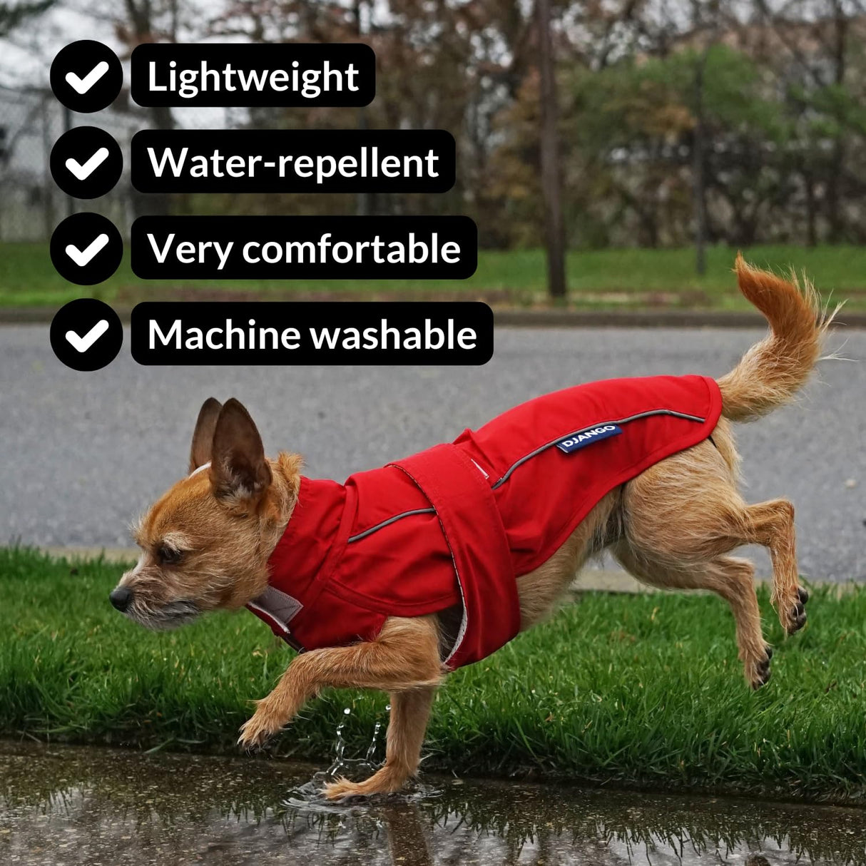 DJANGO Dog Jacket & Raincoat – Lightweight Water-Resistant Coat for Small, Medium & Long Dogs Like Dachshunds – Reflective, Adjustable Fit, Harness-Compatible & Easy-Access Harness Hole - Red, Medium