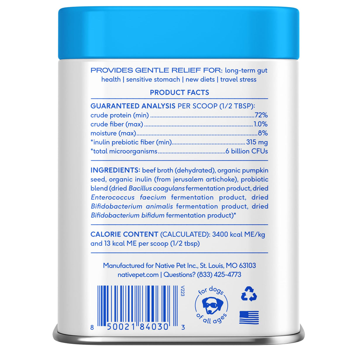 Native Pet Probiotics for Dogs - Dog Probiotics Powder for Digestive Health, Gut Support, & Immune Boost – Vet-Formulated Powder for Maximum Potency with Digestive Enzymes & Prebiotics - 120 Scoops