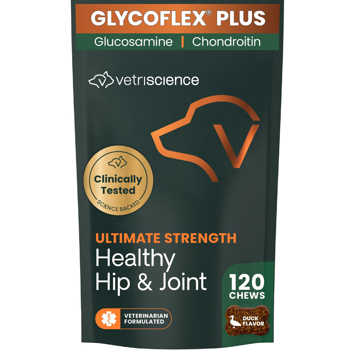 VetriScience Ultimate Strength Healthy Hip & Joint Chews, GlycoFlex Glucosamine, Chondroitin and Green-Lipped Mussel Joint Support Supplement for Dogs, Soothe Joint Discomfort, Duck, 120 Count