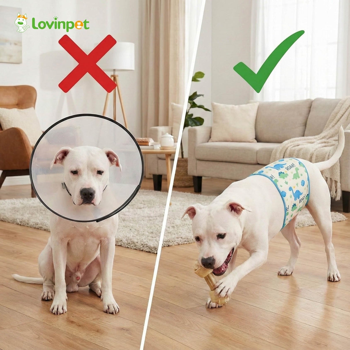 LovinPet 3-Layer Dog Belly Warmer Calming Wrap, Adjustable Abdominal Protector for Medium and Large Dogs, Anti-Chafe Moisture Barrier, Memory-Foam Core + Mesh Lining, Dinosaur Print,White