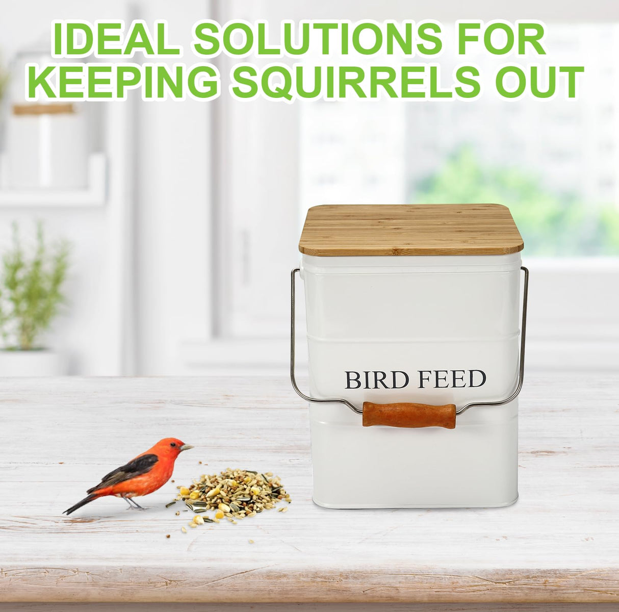 Brabtod Bird Seeds storage container,Bird Seed Container,Metal food tin for Birds, pet snacks Canisters with wooden lid/handle/sevice scoop,hold 5-6 lbs