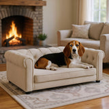 KrenzhHome Elevated Dog Sofa with Backrest and Armrests, Button Tufted Dog Couch Bed with Soft Cushion for Medium Dogs, Stylish Lounging Bed Pet Couch Chair, 60Lbs Weight Capacity, Beige