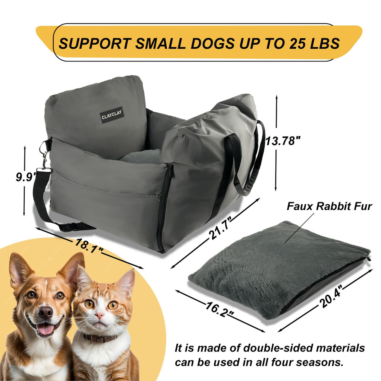 4-in-1 Dog Car Seat, Convertible Pet Booster Seat for Small Medium Dogs Up to 25lbs, Portable Travel Bed Sofa Pad with Safety Strap & Foldable Storage for Car Home Use