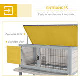 PawHut Elevated Wooden Rabbit Hutch, Indoor/Outdoor Bunny Cage with Hinged Asphalt Roof and Removable Tray for Guinea Pig, Light Gray