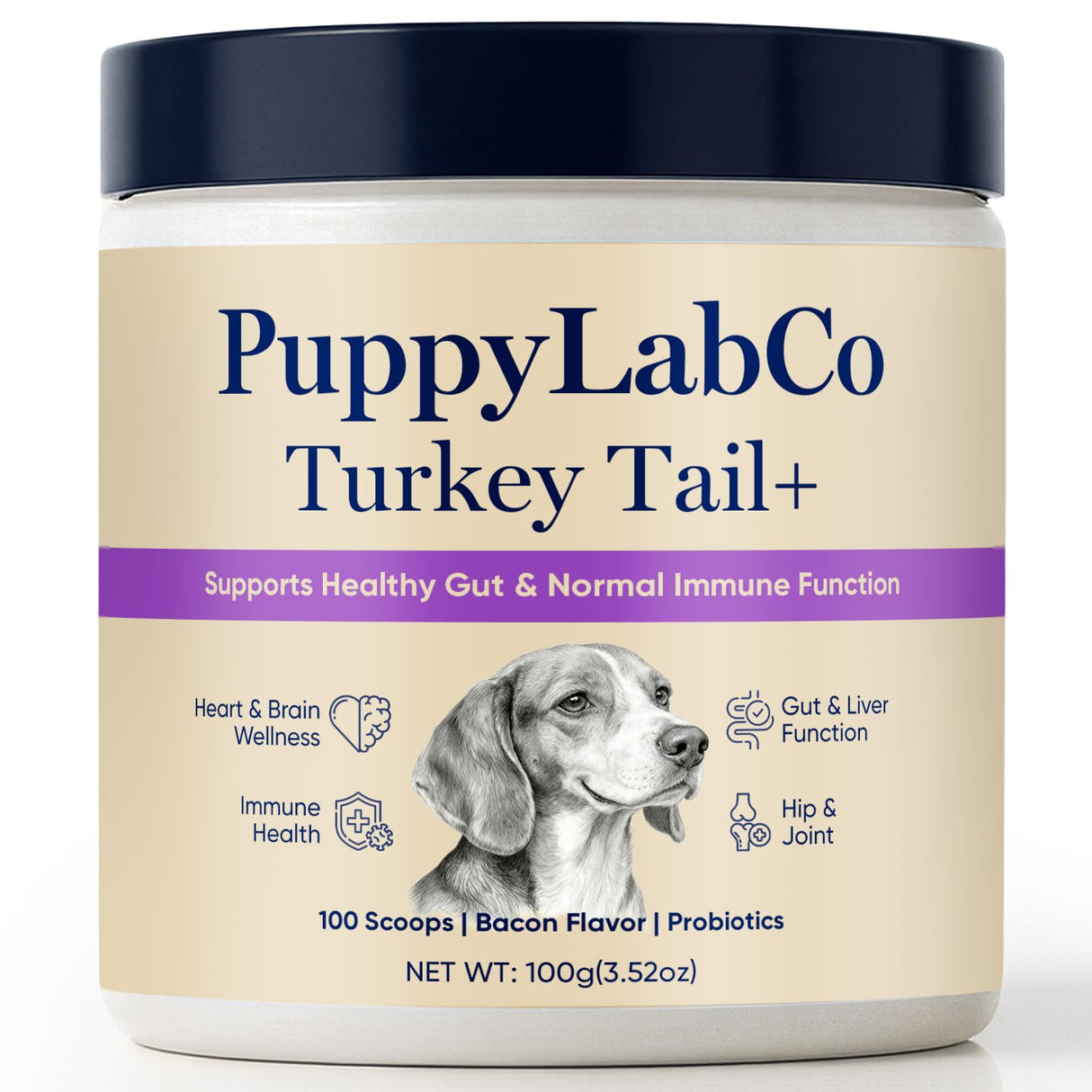 PuppyLabCo Turkey Tail Mushroom for Dogs - Puppylabco Turkey Tail for Gut & Immune Supports, 100 Scoops | Bacon Flavor | Probiotics 100g (1)