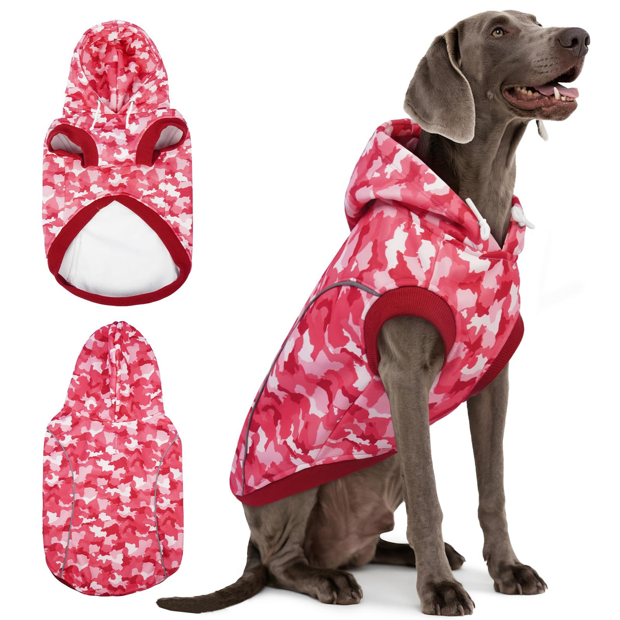 IECOii Camo Dog Hoodie Fleece Lined Dog Sweatshirt Pullover with Leash Hole and Reflective Stripes, Windproof Warm Hoodie for Medium Dogs Girl Boy, Fall Winter Outdoor Pet Hoodies, Pink Camo, XL