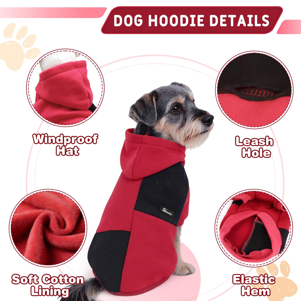 Nibnozy Dog Hoodie with Fleece Lining - Premium Winter Warm Dog Sweater for Small, Medium Dogs, Puppy - Dogs Sweatshirt Contrast Color Design (Red&Black, L)