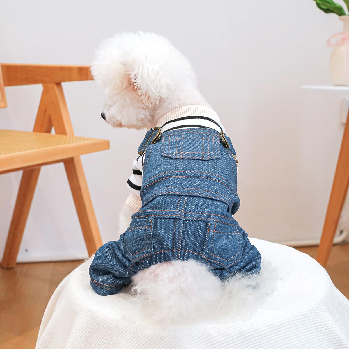 Dog Denim Overalls Puppy Cute Striped Four Legs Shirt Clothes Small Dogs Girl Boy Jean Jumpsuit Coats Dog Cat Classic Denim Costume Chihuahua Yorkie Clothes Christmas Holiday Birthday Outfits