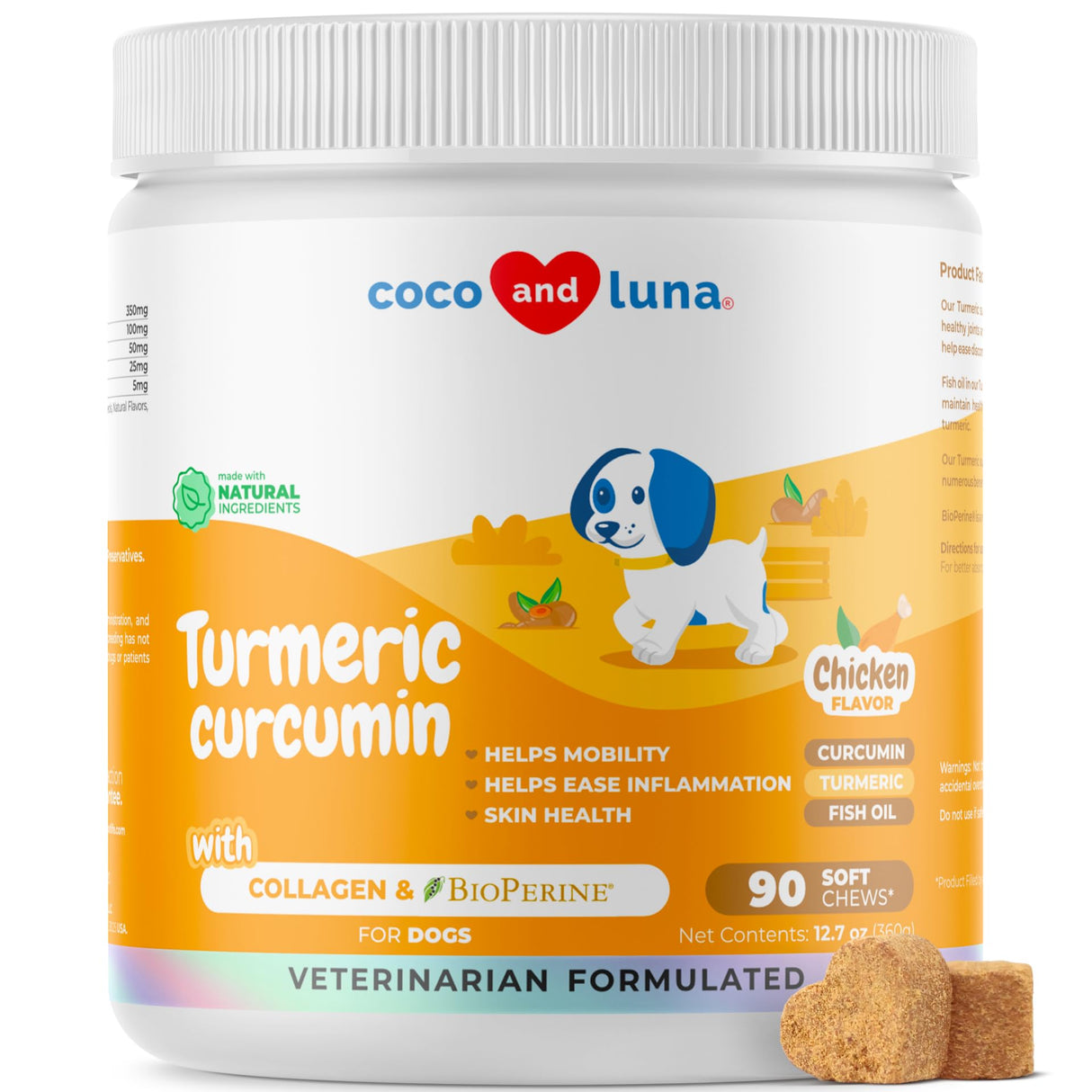 Turmeric Curcumin for Dogs - 90 Soft Chews - with Collagen, BioPerine and Fish Oil - Hip & Joint Support, Ease Inflammation, Antioxidant.