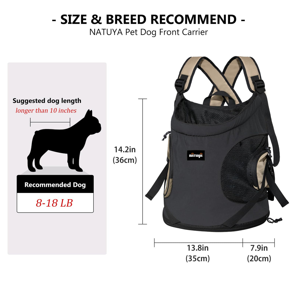 NATUYA Dog Front Carrier, Pet Carrier Front-Pack for Small Dog Puppy Cat, Travel Hiking Waterproof Lightweight Pet Bag, Padded Bottom Mat & Zip Pockets (Black)