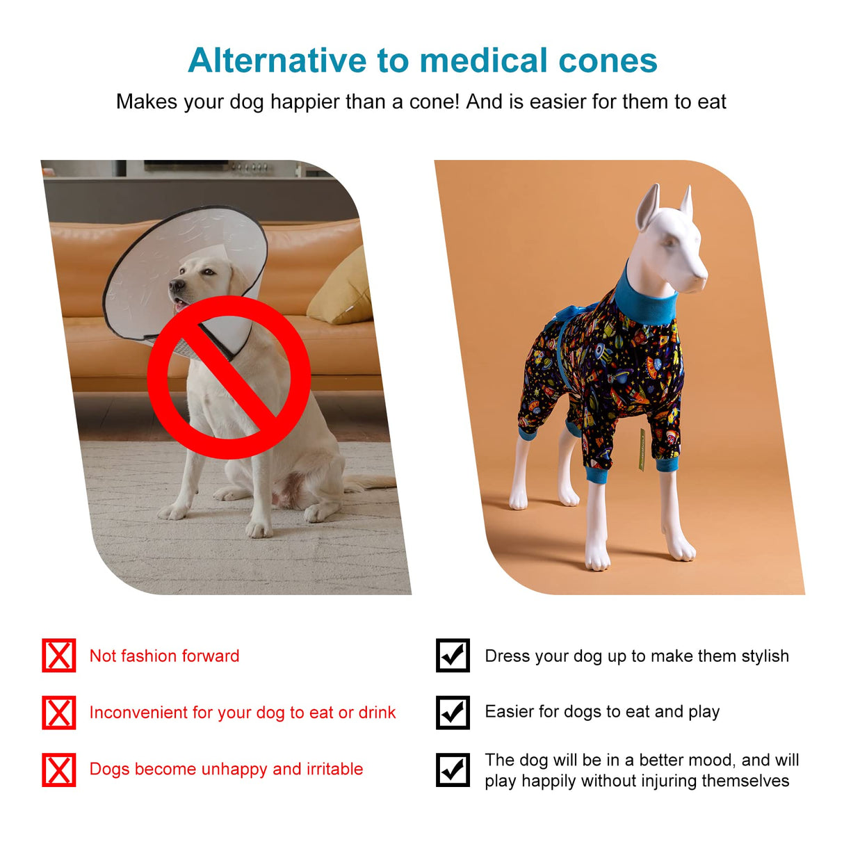 LovinPet Large Dog Pajamas, Post Surgery Recovery Shirt, Stretchy Fabric, Aim for The Moon Flannel Navy Print, Anti Licking, Easy Wear Dog Jammies,Black Blue M