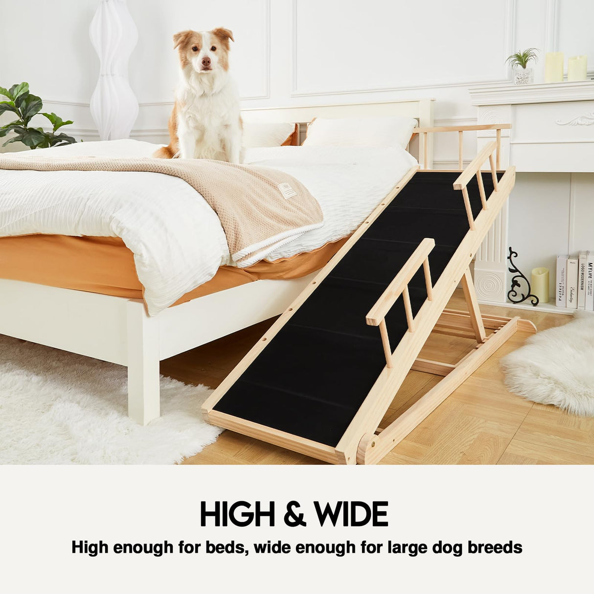 Dog ramp for Bed - Pet Ramp for Dogs to Get on Bed - Adjustable for Beds up to 30 Inches - for Small Dogs Under 50lbs, Foldable, Non-Slip Rubber Surface, Safety Railings