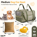 FUNNY FUZZY Waterproof Dog Car Seat for Small & Medium Dogs Up to 35lbs, Detachable & Washable Pet Booster Seat with Leash, Thick Cushion, Storage Pockets & Adjustable Straps (Green)