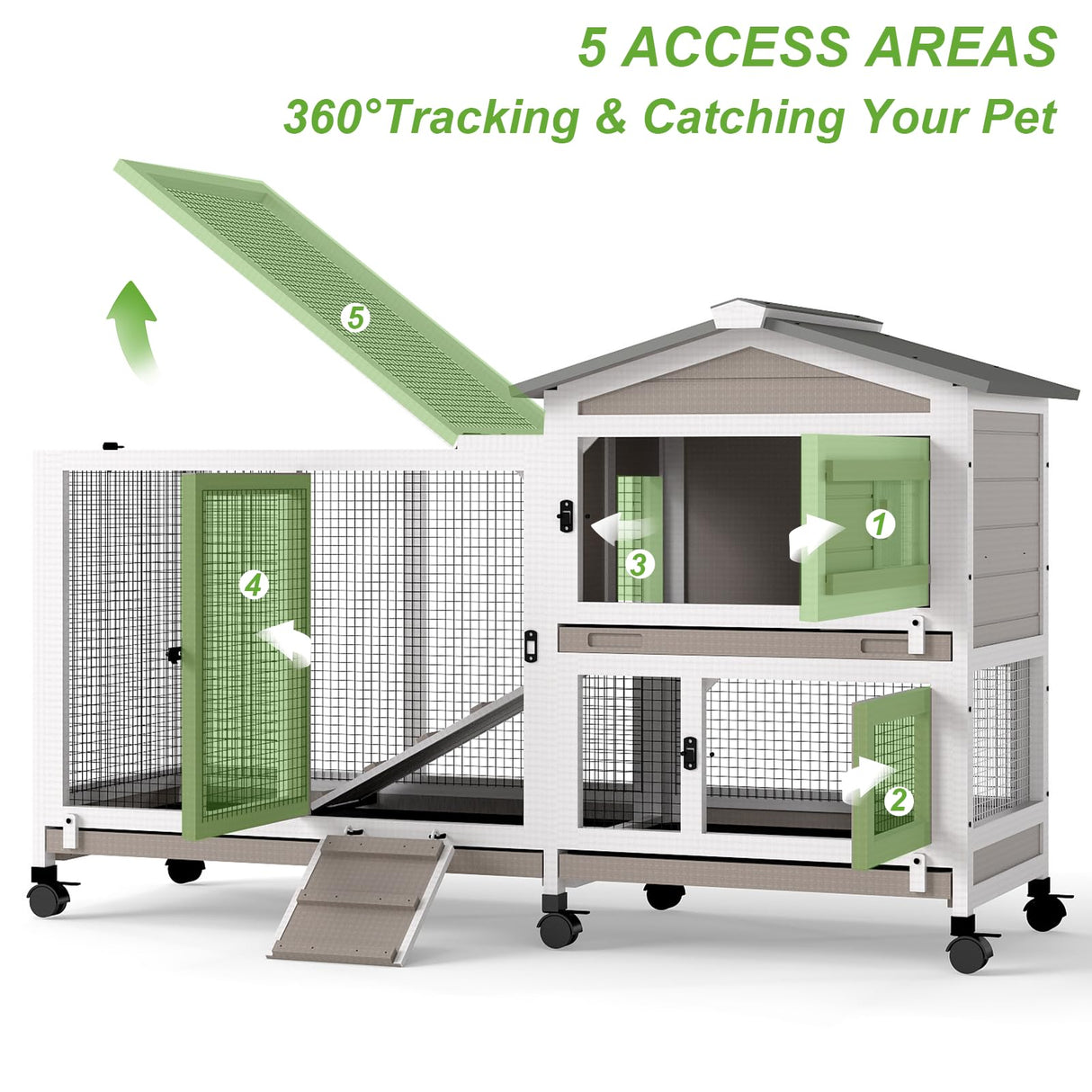 2 Story Rabbit Hutch Outdoor Indoor, Wooden Bunny Cage with 6 Lockable Wheels, 3 Removable No Leakage Pull Out Trays, Chew-Proof Ramp & Waterproof Roof, Ideal for Rabbit & Guinea Pig