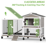2 Story Rabbit Hutch Outdoor Indoor, Wooden Bunny Cage with 6 Lockable Wheels, 3 Removable No Leakage Pull Out Trays, Chew-Proof Ramp & Waterproof Roof, Ideal for Rabbit & Guinea Pig