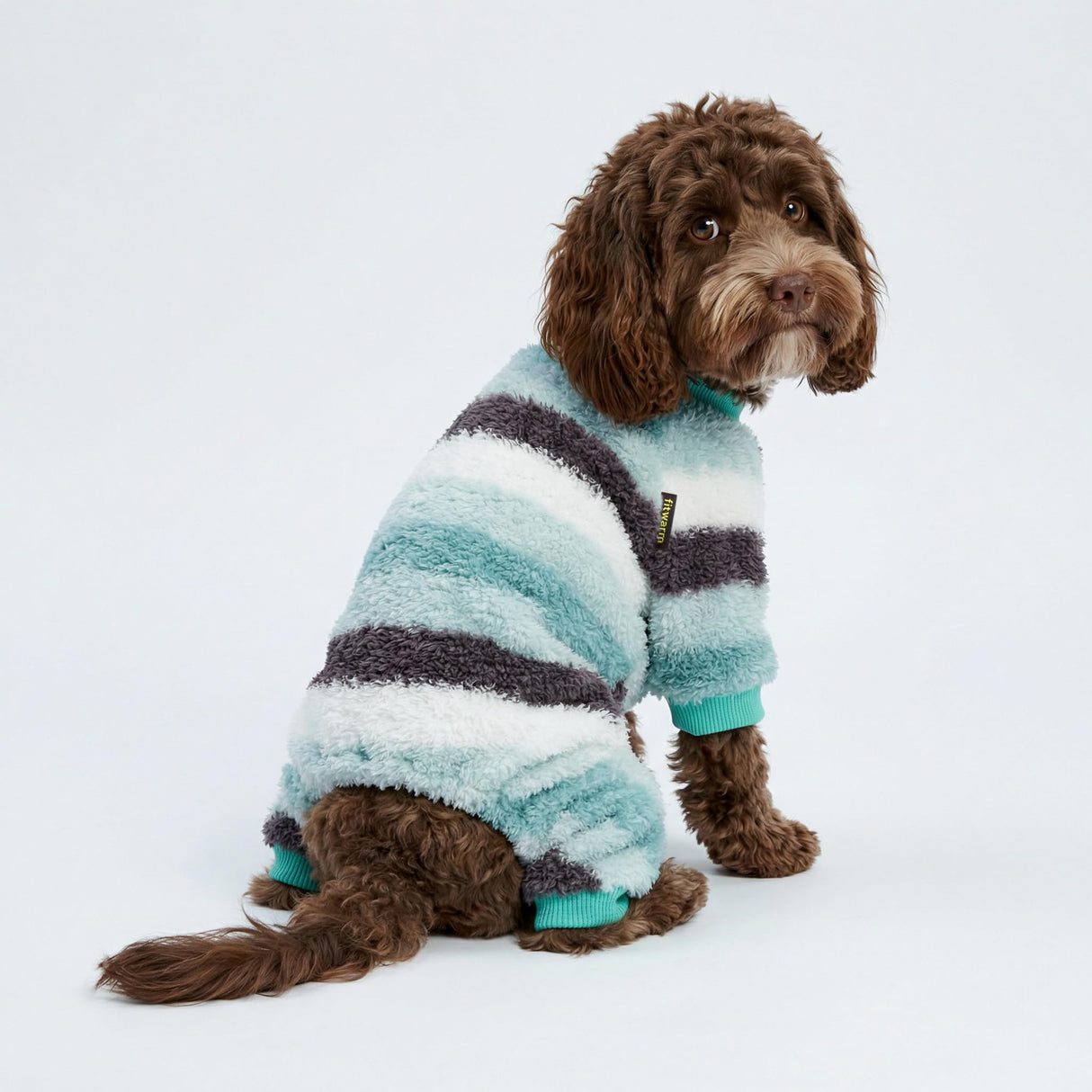 Fitwarm Fuzzy Striped Dog Fleece Pajamas, Warm Winter Clothes for Small Dogs Boy Girl, Cozy Pet Onesie with Feet, Light Sea Green, Black, White, XL