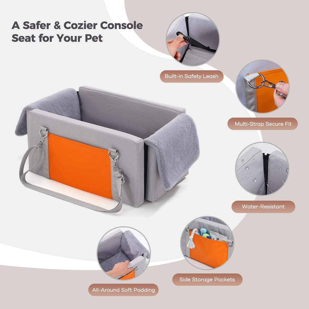 Avont Dog Car Seat for Small Dogs, Anti-Anxiety Center Console Booster Seat with Safety Straps, Soft Padded Travel Seat for Small Dogs & Cats up to 8 lbs -Light Grey