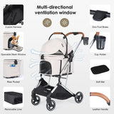 Beberoad Pets T3 Pro 3-in-1 Pet Stroller for Small Dogs & Cats – Foldable, Lightweight with Detachable Carrier, 180° Canopy & Cup Holder (Beige)