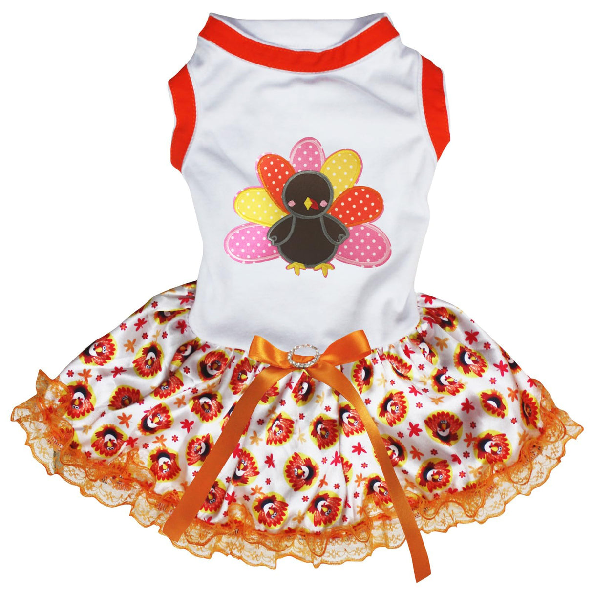 Petitebella Rainbow Turkey Puppy Dog Dress (White/Turkeys Lace, X-Large)