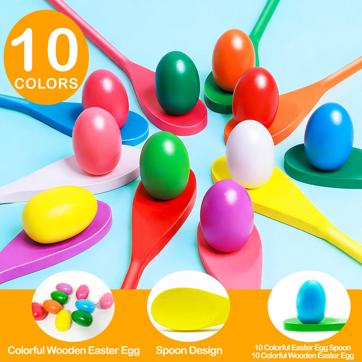 TOPLEE 20 Pcs Easter Egg and Spoon Race Game Set, 10 Players Balance Relay Easter Games Include 10 Eggs and Wooden Spoons for Kids Family Carnival Sports Outdoor Games Holiday Birthday Party Supplies