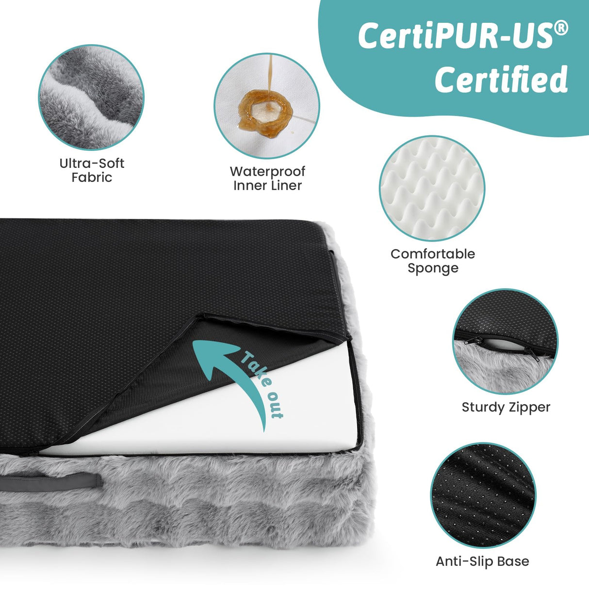 COZY KISS Orthopedic Dog Bed for Extra Large Dog, Soft and Warm Faux Fur Sofa for Giant Pet Up to 150 lbs, Foam Bolster Anti-Slip Couch with Washable Removable Cover, XXL 48x35x8 inch, Grey