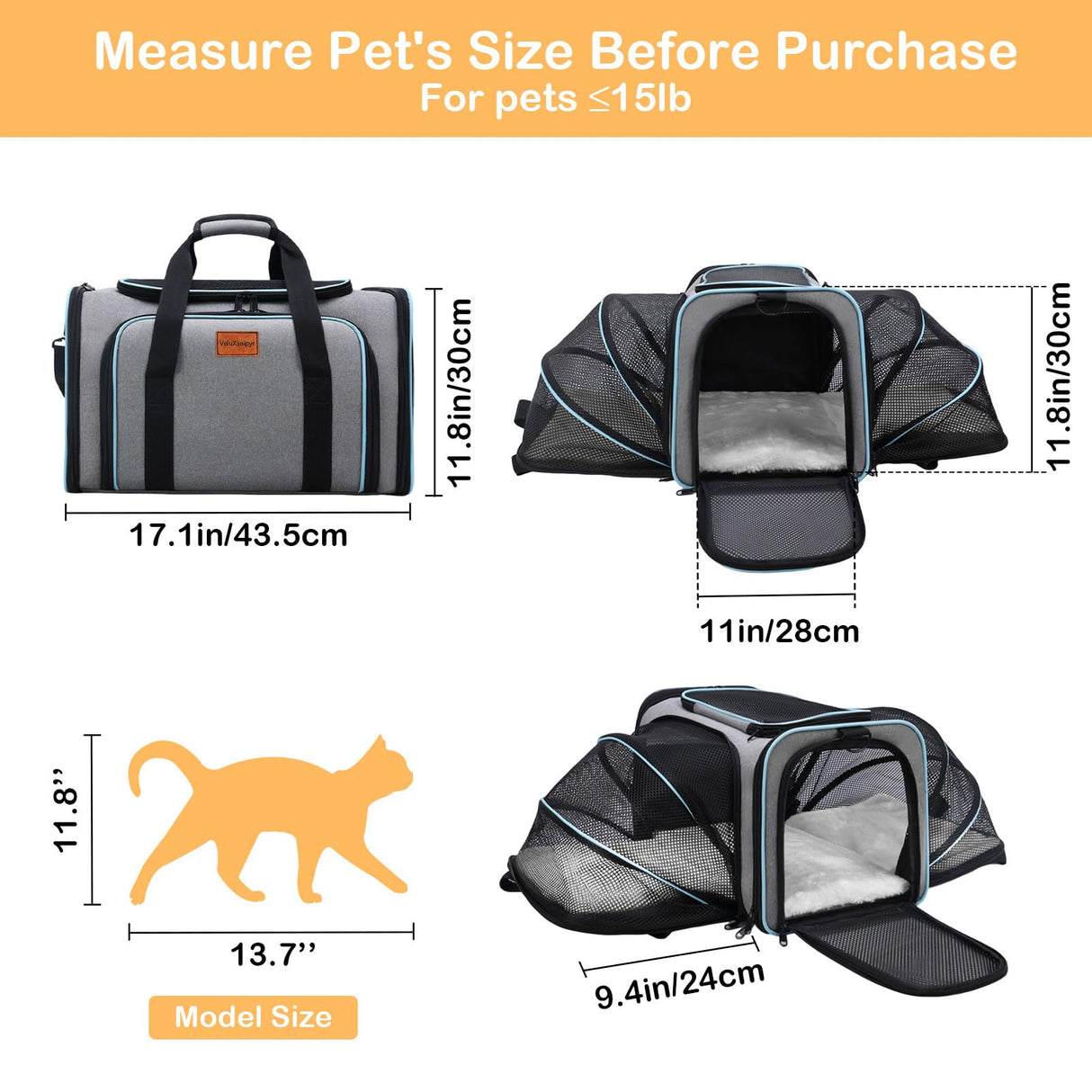 VeluXanipyr Expandable Airline Approved Pet Carrier, Soft-Sided Travel Bag for Small Cats Dogs with Hard Shell Base, Removable Fleece Pad, Ventilated Mesh, Gray (Blue Trim)