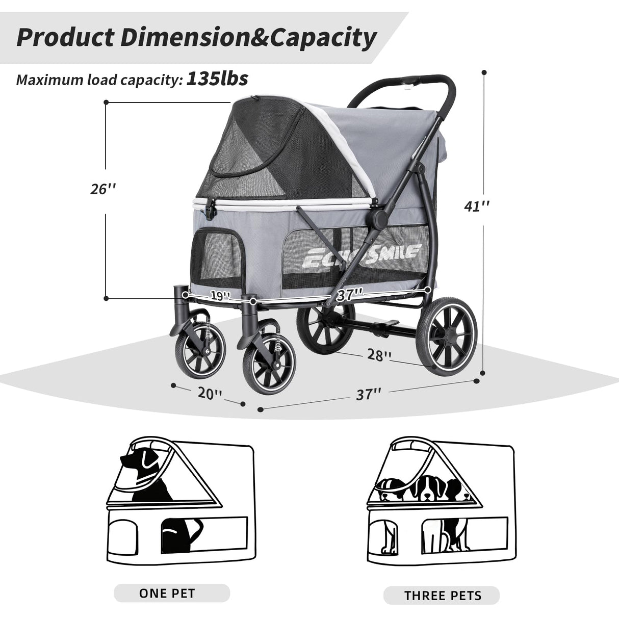 EchoSmile Dog Stroller for Large Dogs, 135lbs Weight Extra Large Pet Stroller, 4 Wheels Cats & Dogs Carrier with Brakes, Breathable Mesh Windows & Pocket, Gray