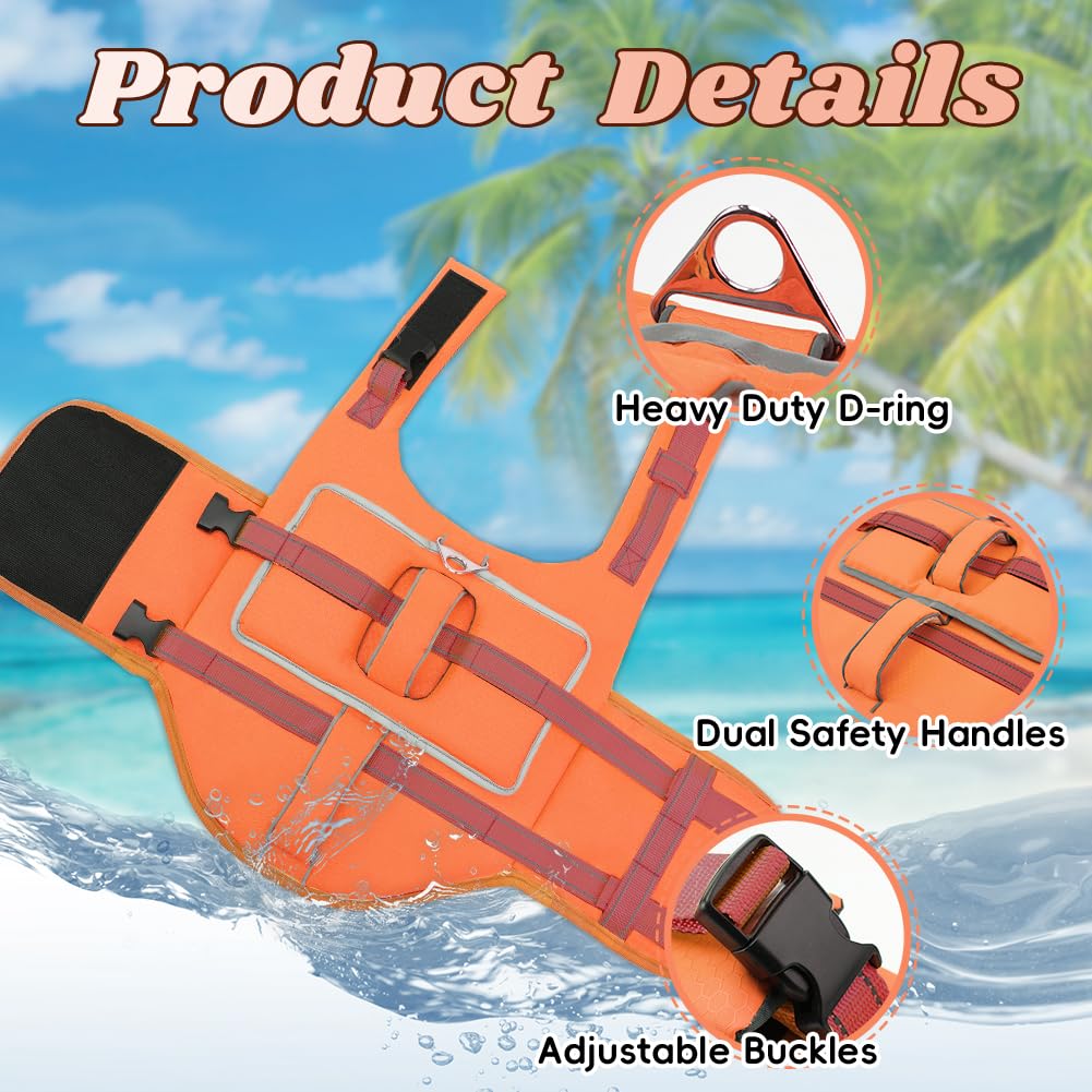 EMUST Dog Life Jacket, Thickened Dog Life Vests for Medium Large Dogs with Added Layer, Reflective Pet Life Preserver Floats for Pool Boating Swimming, Orange, M