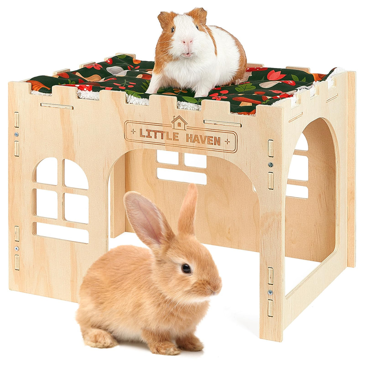 Glittme Wooden Rabbit Castle Hideout - Large Indoor Bunny House & Guinea Pig Hut with Roof Platform Bed Enrichment Cage Accessories for Chinchilla Ferret (Mat Included)