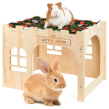 Glittme Wooden Rabbit Castle Hideout - Large Indoor Bunny House & Guinea Pig Hut with Roof Platform Bed Enrichment Cage Accessories for Chinchilla Ferret (Mat Included)