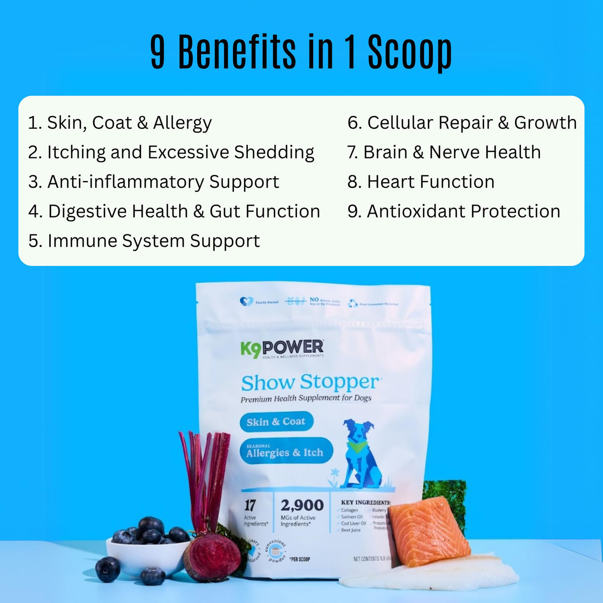 K9Power Show Stopper – Awarded #1 Dog Skin & Coat Product – Supports Allergy Relief, Itchy Skin, Shedding, Dull Coat – Salmon Oil, Collagen, Kelp, Zinc, Probiotics, Beet Juice, Vitamin C
