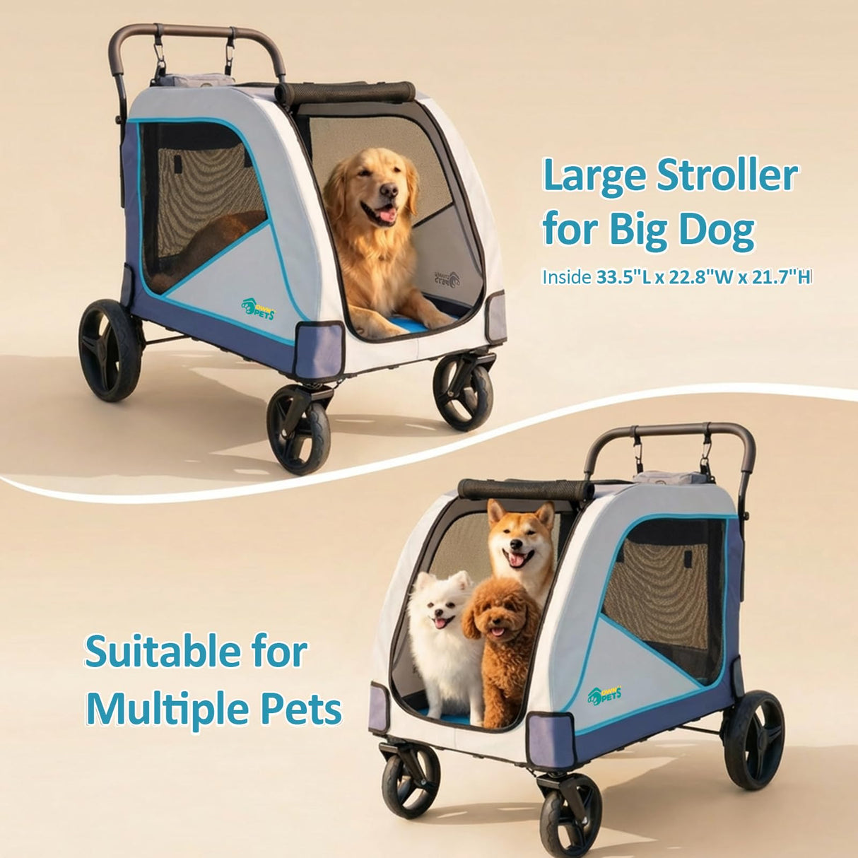 Ownpets Extra-Large Dog Stroller for Large Dogs Up to 154lbs, with Hanging Storage Bag, Foldable Dog Wagon with Adjustable Handle & Breathable Mesh, 4 Wheels Pet Stroller