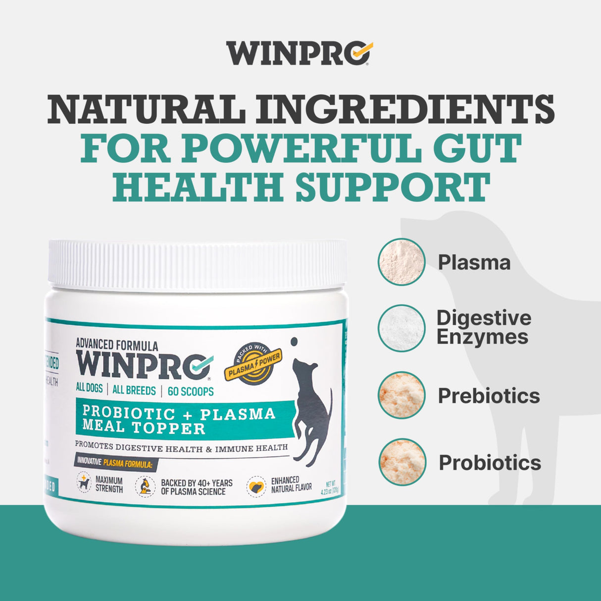 WINPRO Dog Probiotic Powder Meal Topper, Spray Dried Plasma with Prebiotics and Probiotics for Digestive Support and Gut Health for Dogs, All Breeds, Ages, and Sizes, 60 Scoops, Made in USA