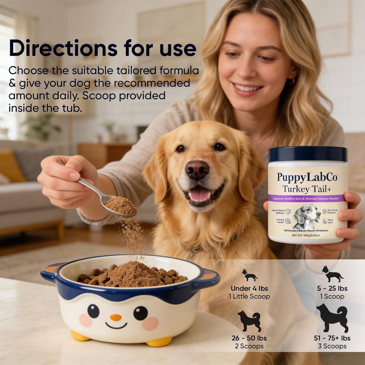 PuppyLabCo Turkey Tail Mushroom for Dogs - Puppylabco Turkey Tail for Gut & Immune Supports, 100 Scoops | Bacon Flavor | Probiotics 100g (1)