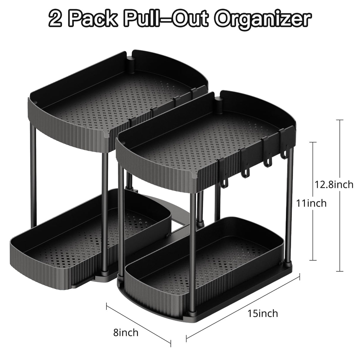 Multi-Purpose Pull-Out Storage Organizers, Under Sink/Cabinet Organizers and Storage for Bathroom & Kitchen, Black, 12.8 Inches, 2 Packs