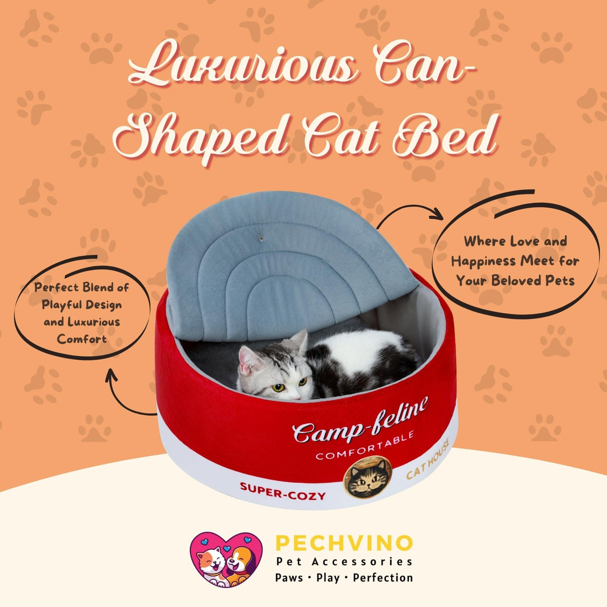 PECHVINO Can-Shaped Cat Bed with Privacy Cover - Comfortable Cushion for Cats & Small Dogs