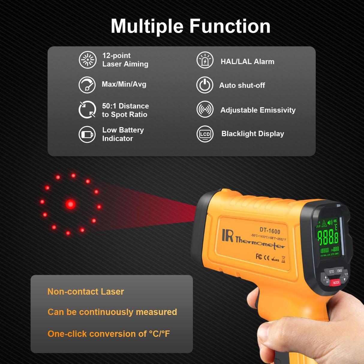 Infrared Thermometer Temperature Gun -58℉ to 2552℉, 50:1 Distance Ratio, Non-Contact Pyrometer with Alarm, Max-Min Measure, Digital Laser IR HighTemp Gun for Cooking, Industry, Home Repair